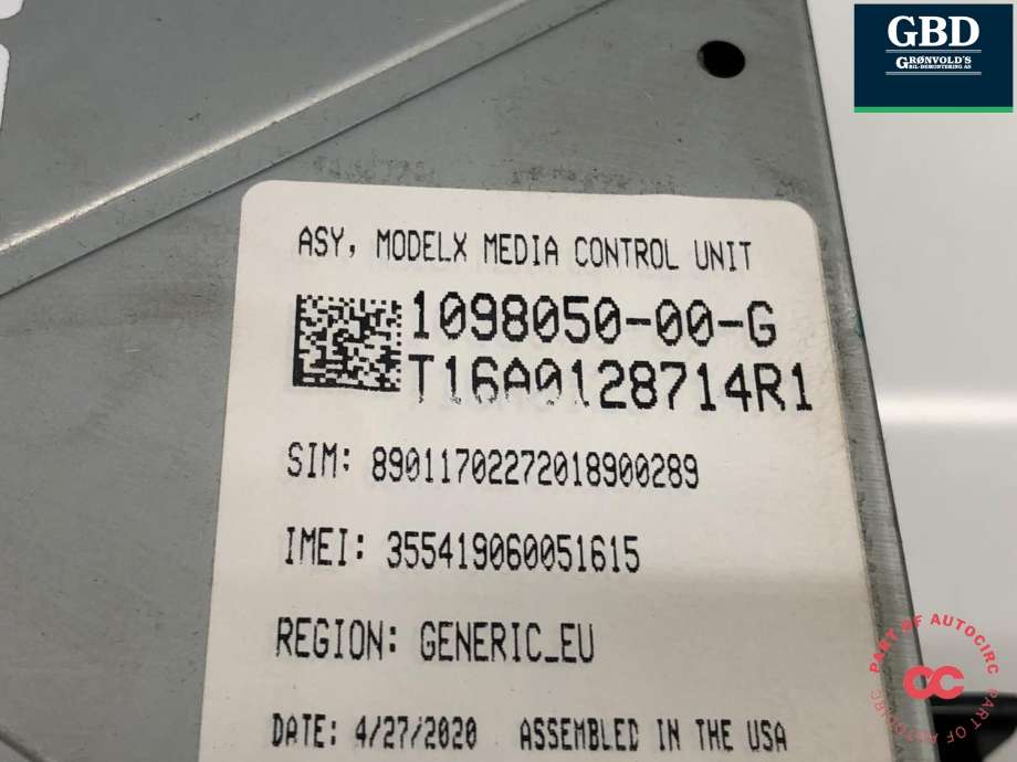 Multimedia display (MCU - Media Controller Unit) til Tesla Model X 2016-->> (1451809-S3-J|1451809-S3-E|1451809-S3-G| 1098050-00-G)