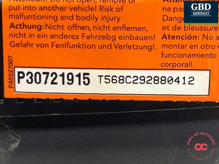 Airbag rattpute til Volvo V70 2007-2013 (Type III, Fase 1)  (31332820|30721915|)