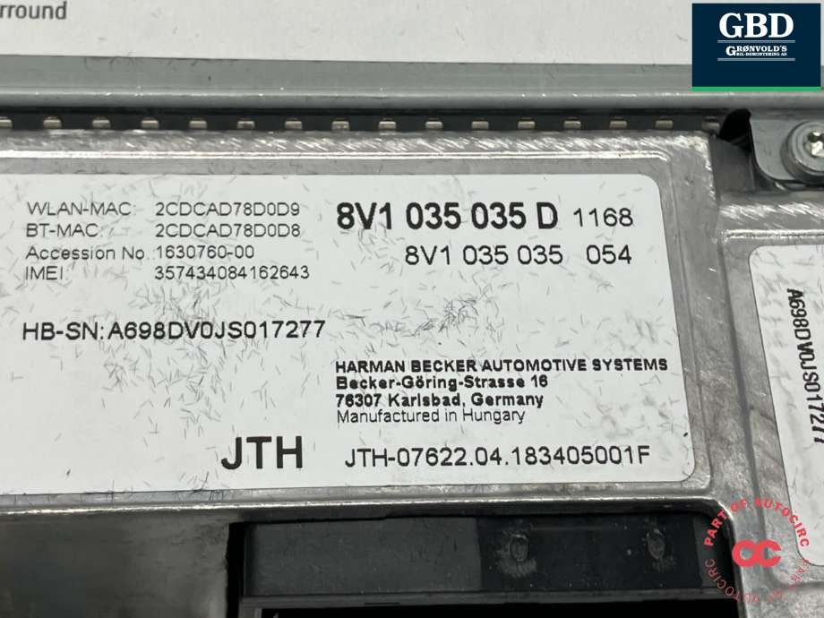 Bilstereo navigasjon spiller til Audi A3 2016-2020 (Type III, Fase 2)  (8V1 035 035 D|)