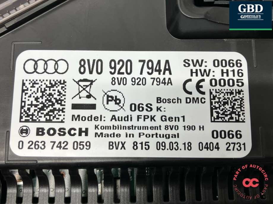 Instrumentpanel til Audi A3 2016-2020 (Type III, Fase 2)  (8V0 920 794 A|8V0 920 794 AX|0 263 742 059)
