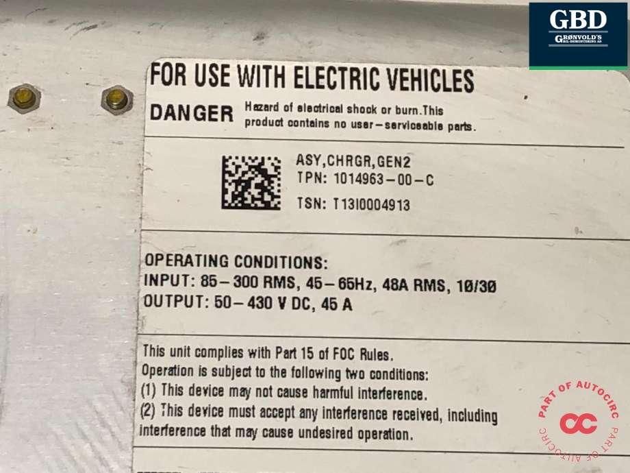 Batterilader (OBC - On Board Charger) til Tesla Model S 2013-2016 (Fase 1)  (1014963-00-C|1014963-00-E| 1014963-00-F| 1014963-00-G|1014963-00-J| 1014963-00-K| 1014963-00-L)
