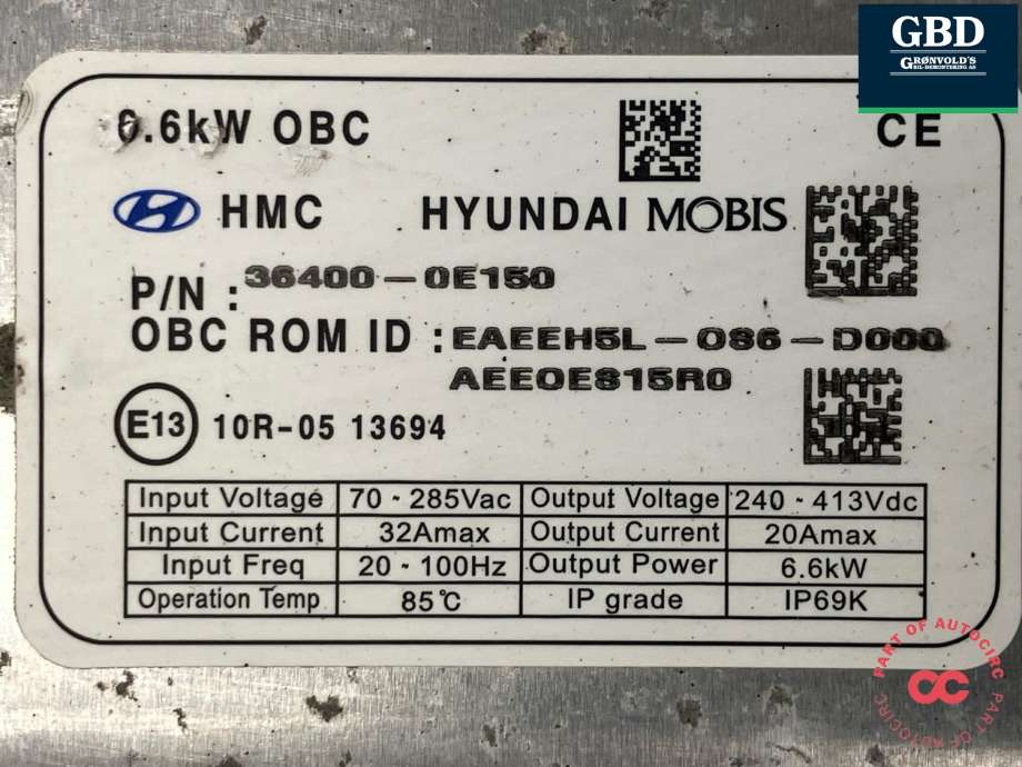 Batterilader (OBC - On Board Charger) til Hyundai Ioniq Electric 2016-2019 (Fase 1)  (36400-0E150|)