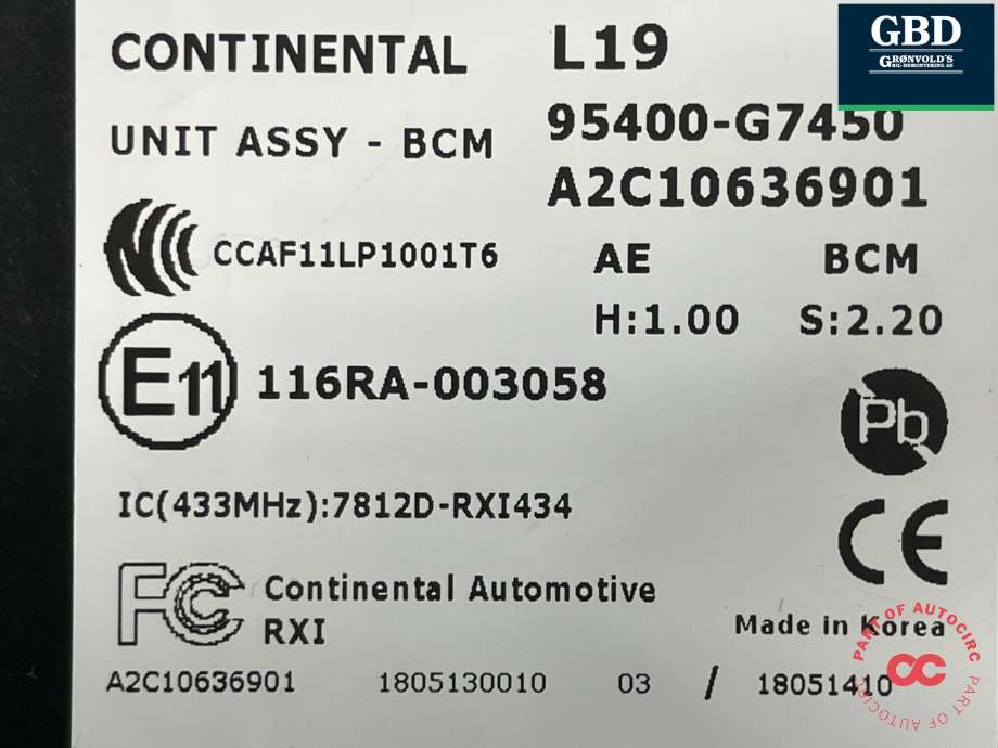 Styreenhet comfort (BCM) til Hyundai Ioniq Electric 2016-2019 (Fase 1) (95400G 7450|95400-G7450|A2C10636901)