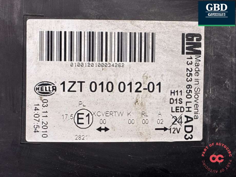 Frontlykt venstre xenon til Opel Astra J 2010-2015 (13398144|13306933|1ZT 010 012-01)