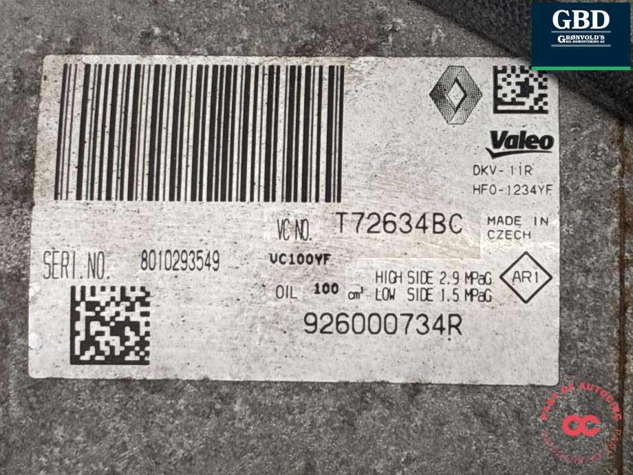 Aircondition kompressor til Renault Captur 2013-2020 (Type I)  (926007953R|926008014R|926000734R)