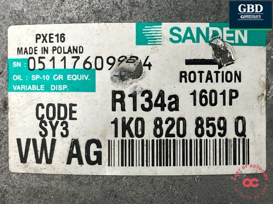 Aircondition kompressor til Škoda Octavia 2009-2013 (Type II, Fase 2) (SANDEN|1K0 820 808 F|1K0 820 859 Q|1K0 820 859 QX)