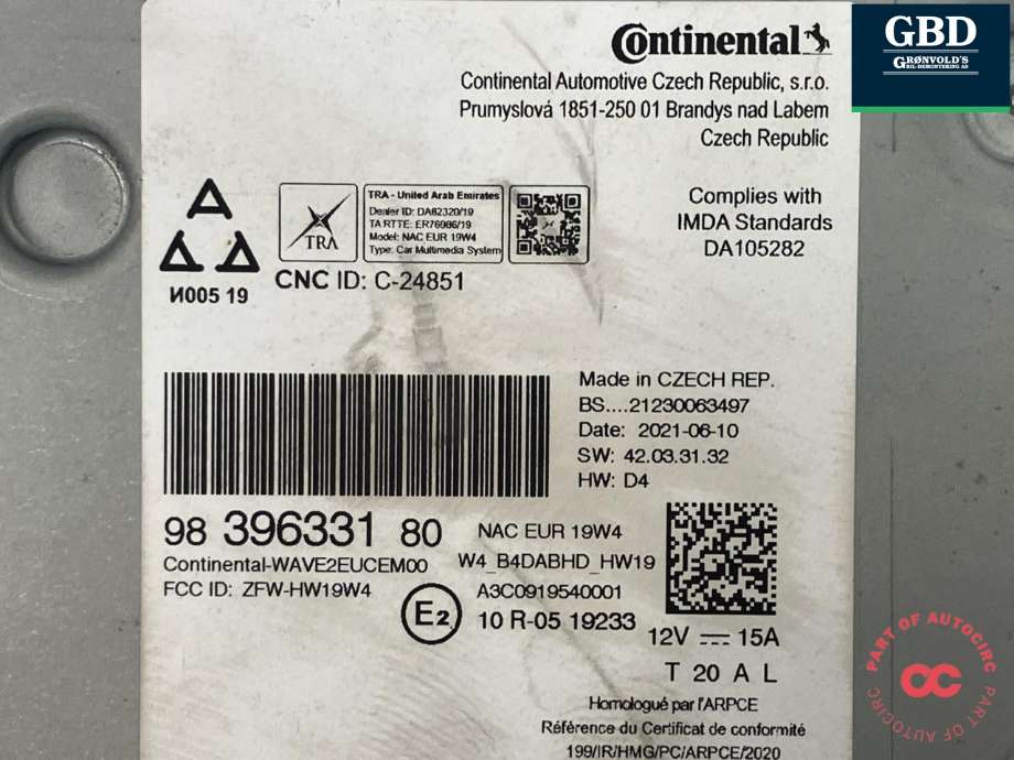 Bilstereo til Citroën ë-C4 2020-->>  (CONTINENTAL|16 849 672 80|16 772 234 80|98 396 331 80| A3C0919540001)