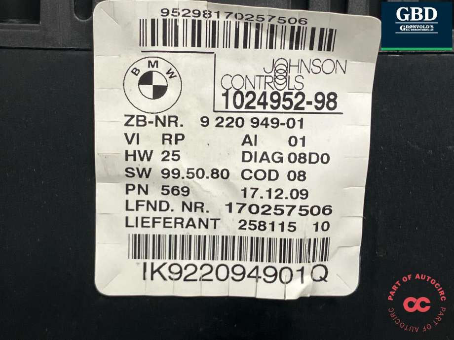 Instrumentpanel til BMW 1-Serie 2004-2011 (E81/E82/E87/E88) (E81/E82/E87/E88) (62 10 9 283 801|9 220 949-01|)