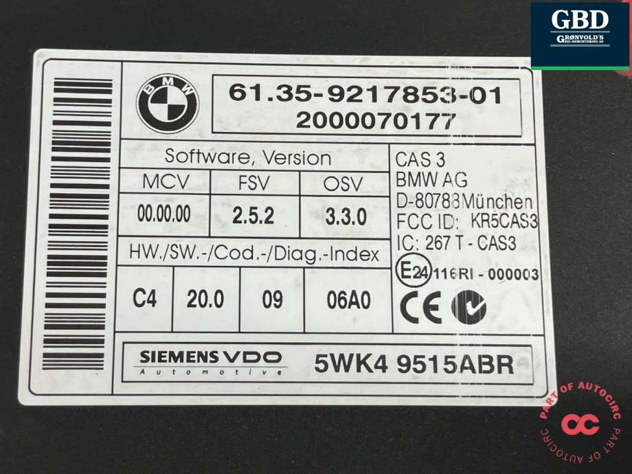 Styreenhet comfort (BCM) til BMW 1-Serie 2004-2011 (E81/E82/E87/E88) (E81/E82/E87/E88) (61 35 9 231 468|61 35 9 364 819|6135-9217853-01)