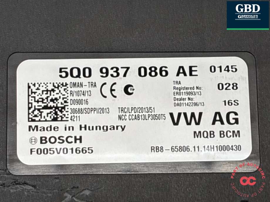 Styreenhet comfort (BCM) til VW Golf VII 2012-2017 (Fase 1) (5Q0 937 086 AE|5Q0 937 086 AE Z0H|5Q0 937 086 AE Z00)