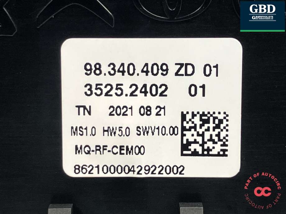 Varmeapparat betjening til Opel Combo E 2019-->>  (98 075 413 ZD|98 340 409|3525 2402)