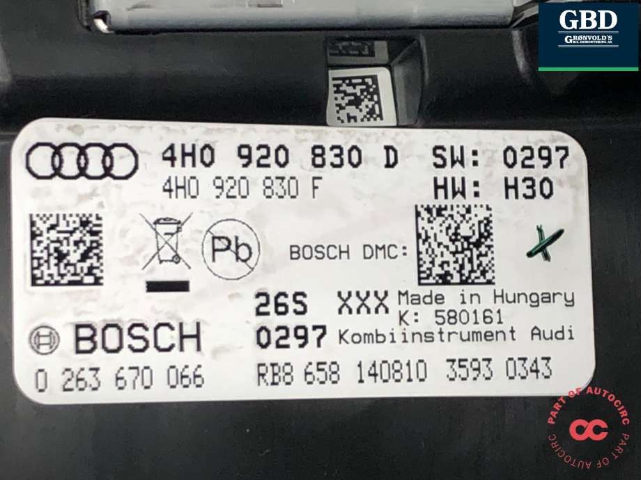 Instrumentpanel til Audi A8 2010-2013 (Type III, Fase 1) (4H0 920 830 DX|4H0 920 830 D|)