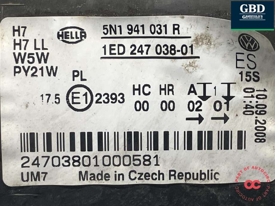 Frontlykt venstre halogen til VW Tiguan 2007-2011 (Type I, Fase 1)  (HELLA||5N1 941 031 R|1ED 247 038 - 01)
