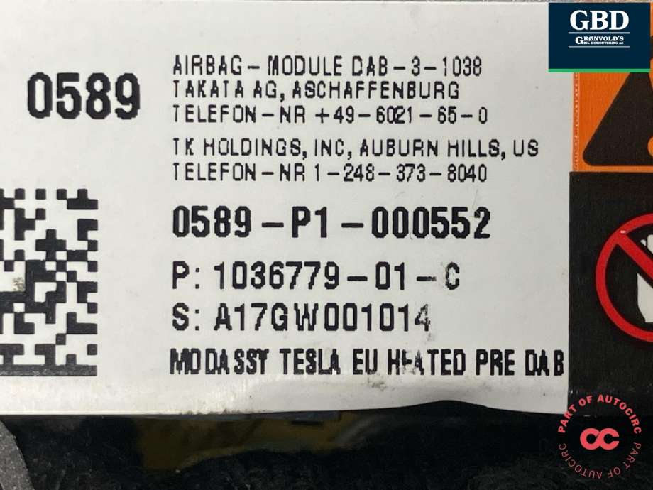 Airbag rattpute til Tesla Model X 2016-->> (TAKATA|1456168-S1-D|1036779-01-C|0589-P1-000552)
