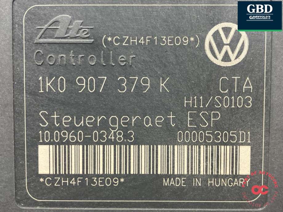 ABS sentral til VW Touran 2003-2006 (Type I, Fase 1)  (ATE|1K0 614 517 H|1K0 614 517 H  BEF|1K0 907 379 K)