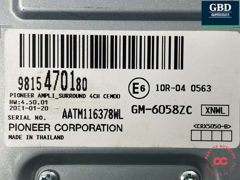 Bilstereo forsterker til Citroën ë-C4 2020-->> (PIONEER|98 154 701 80|GM-6058ZC|)