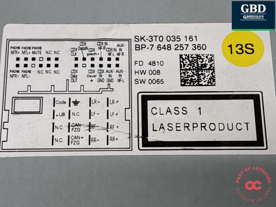 Bilstereo til Škoda Superb 2008-2015 (Type II) (3T0 035 161|3T0 035 161 B|SK-3T0035161)
