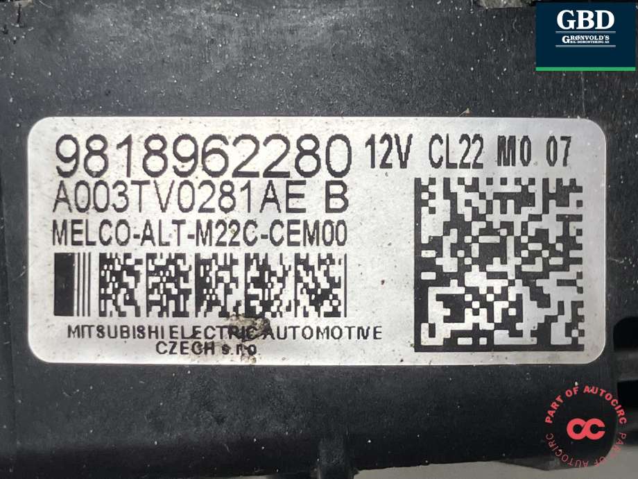Dynamo diesel til Citroën Berlingo 2019-->> (Type III)  (MITSUBISHI|98 189 622 80|16 864 372 80|A003TV0281AE| MELCO-ALT-M22C-CEM00)