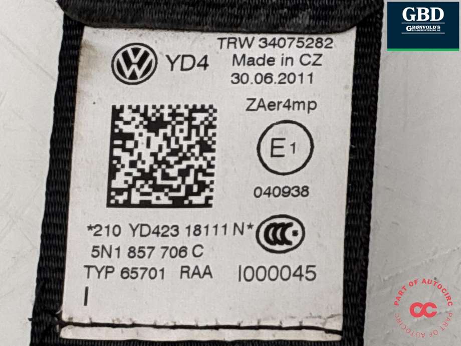 Sikkerhetsbelte foran høyre til VW Tiguan 2011-2016 (Type I, Fase 2)  (5N1 857 706 C|5N1 857 706 C  RAA|5N1857706C)
