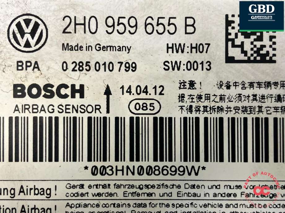Airbag elektronikk til VW Amarok 2010-2016 (Type I, Fase 1)  (BOSCH|2H0 959 655 B  00B|2H0 959 655 B|0 285 010 799)