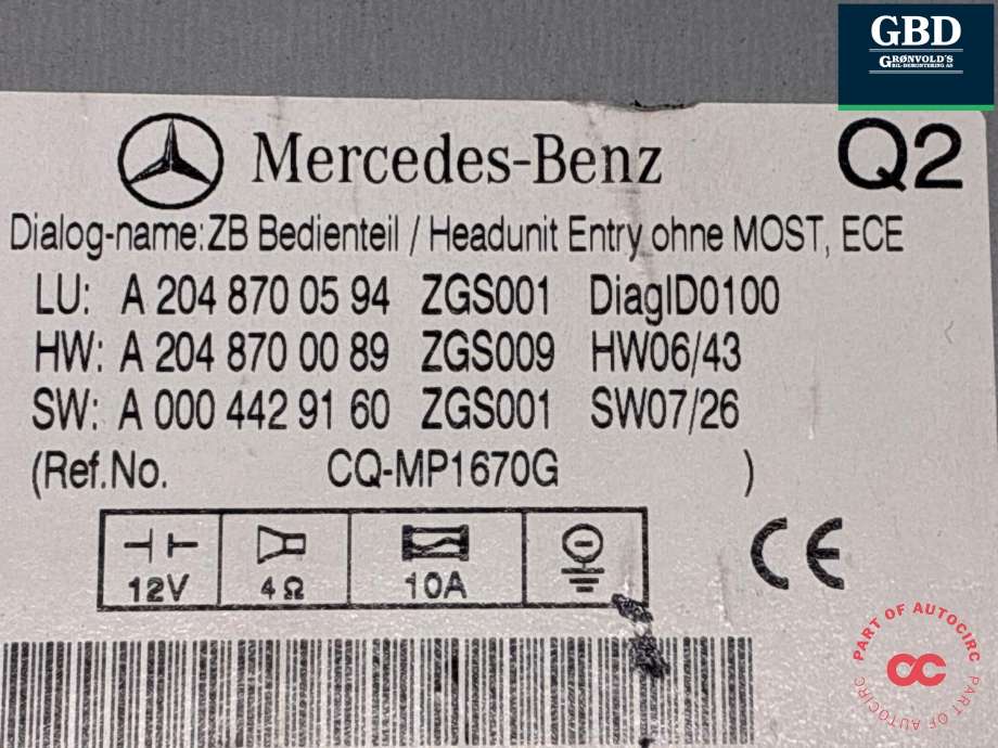 Bilstereo til Mercedes C-Klasse 2007-2011 (Fase 1) (W204) (W204) (A 204 900 86 05|A 204 870 05 94|A 204 870 55 90)
