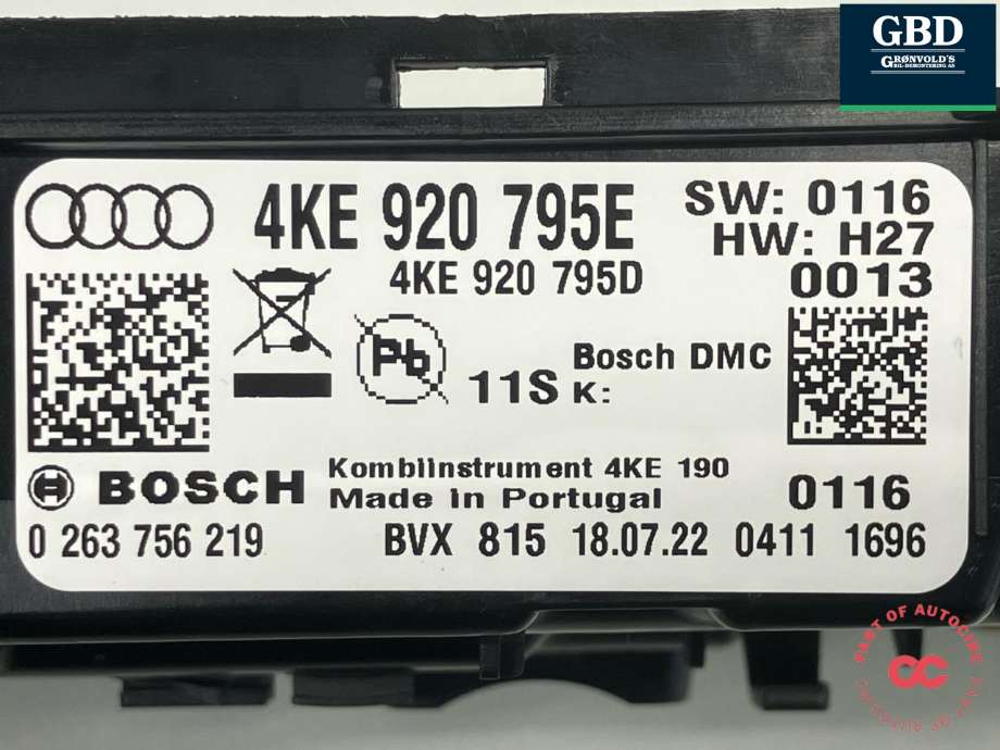 Instrumentpanel til Audi e-tron 2018-->> (BOSCH|4KE 920 795 E|4KE 920 795 EX|0 263 756 219)