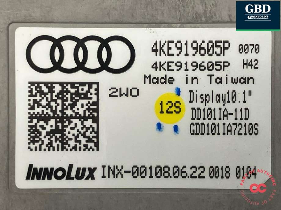 Multimedia display (MCU - Media Controller Unit) til Audi e-tron 2018-->> (INNOLUX|4KE 919 605 N|4KE 919 605 P|DD101IA-11D)