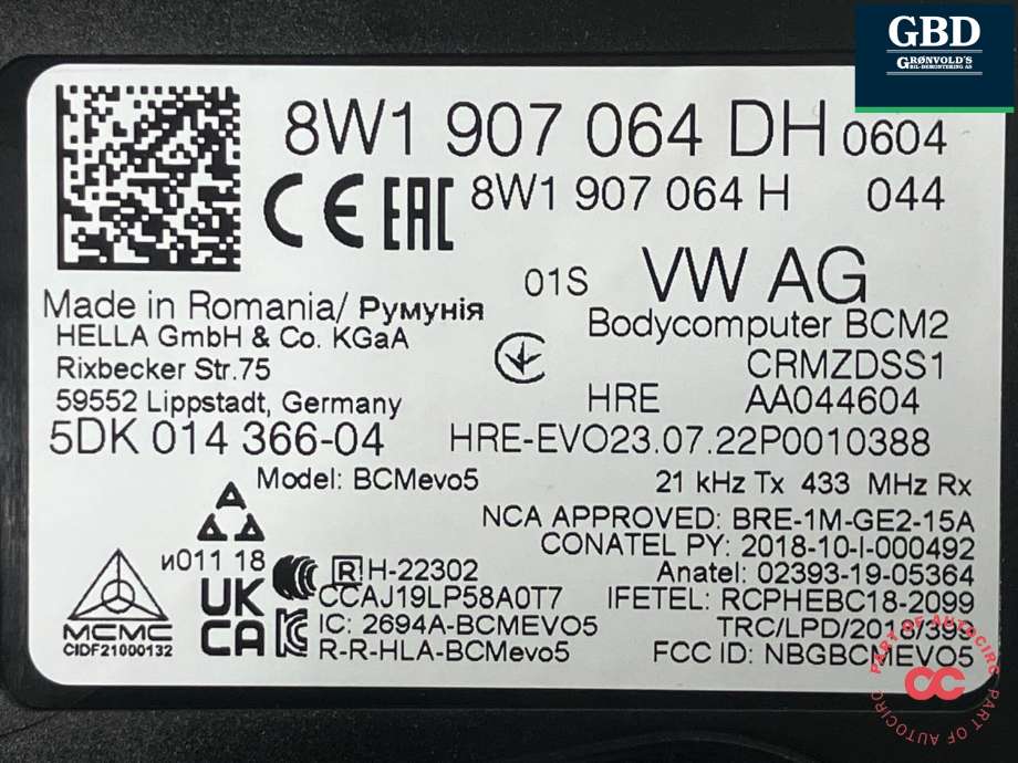 Styreenhet comfort (BCM) til Audi e-tron 2018-->> (8W1 907 064 DH|5DK 014 366 - 04|)