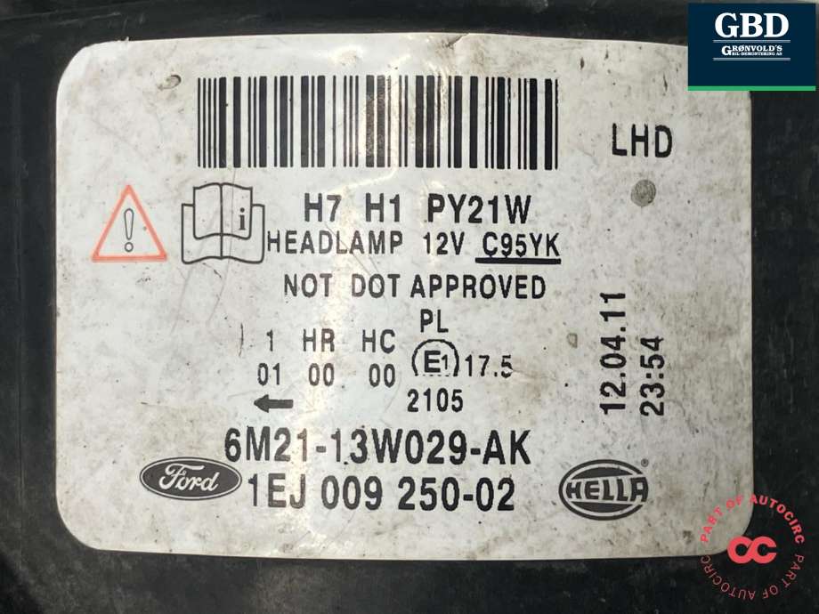 Frontlykt høyre halogen til Ford S-Max 2010-2015 (Type I, Fase 2) (HELLA|1791503|6M21-13W029-AL|6M21-13W029-AK| 1EJ 009 250-02)