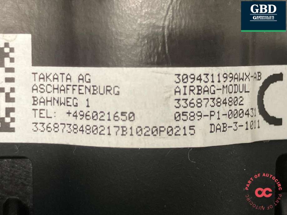 Airbag rattpute til BMW X1 2015-2022 (F48) (F48) (TAKATA|32 30 6 877 545|32 30 6 873 848|0589-P1-000431)