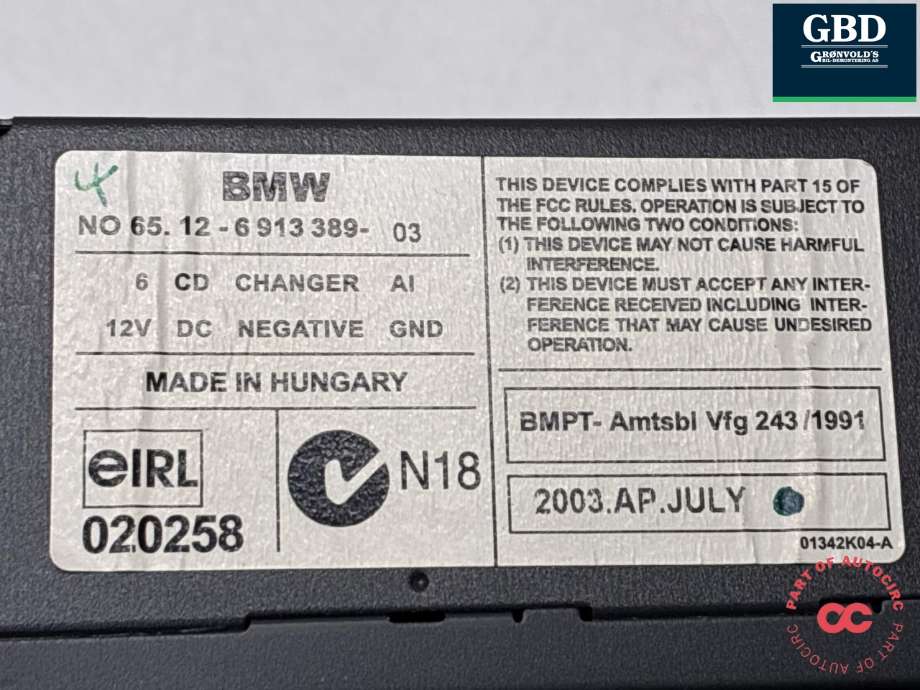 Bilstereo CD-veksler til BMW X5 2000-2006 (E53) (E53) (65 12 6 946 989|6512691338903|)