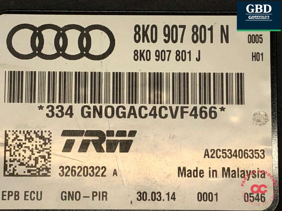 Styreenhet elektrisk parkbrems (EPB - Electric Parking Brake) til Audi Q5 2012-2017 (Type I, Fase 2)  (8K0 907 801 P|8K0 907 801 N|)