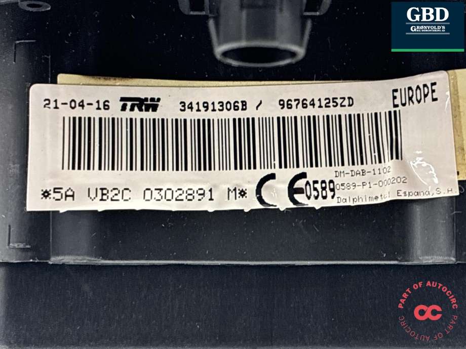 Airbag rattpute til Peugeot 5008 2010-2017 (Type I) (96 764 125 ZD|)