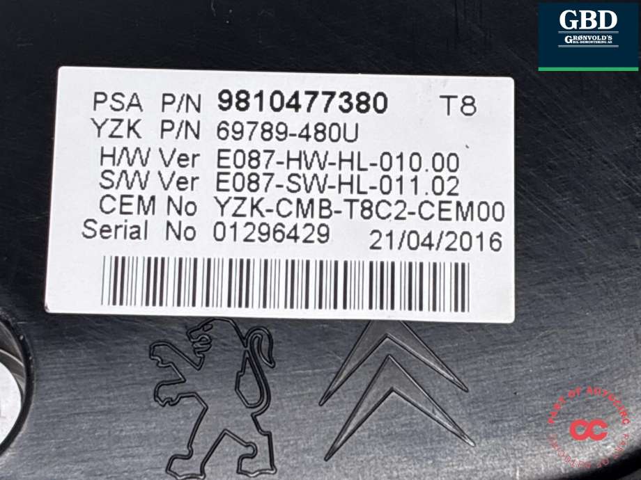 Instrumentpanel til Peugeot 5008 2010-2017 (Type I)  (98 051 706 80|9810477380|)