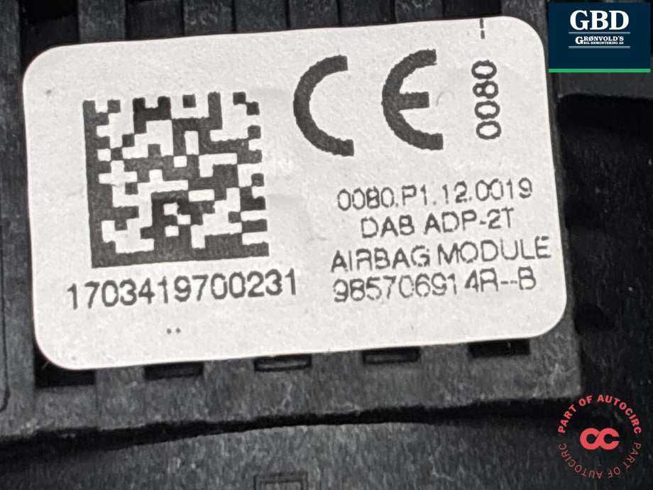 Airbag rattpute til Renault Zoe 2013-2019 (Fase 1) (985705890R|985706914R|)
