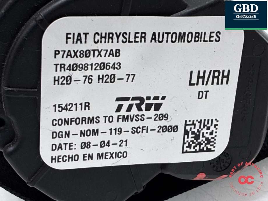Sikkerhetsbelte bak høyre til Dodge RAM 2019-->> (Type V)  (7AX80TX7AB|)