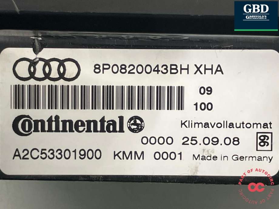 Varmeapparat betjening til Audi A3 2009-2012 (Type II, Fase 2)  (CONTINENTAL|8P0 820 043 BN|8P0 820 043 BN XHA|A2C53301900)