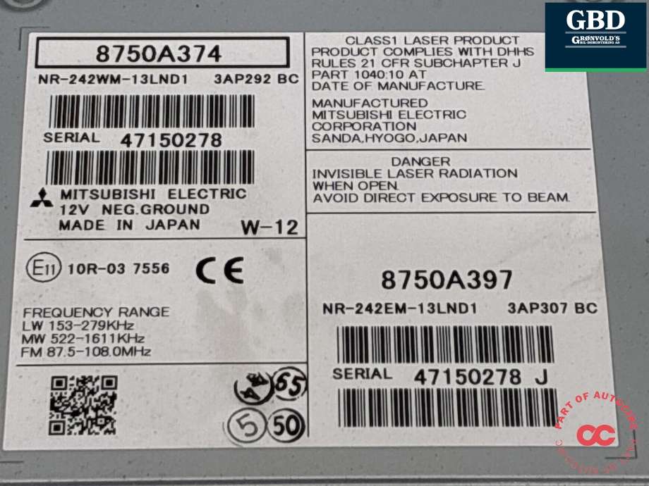 Bilstereo navigasjon til Mitsubishi Outlander 2015-->> (Type III, Fase 2) (8750A374|8750A403|8750A397)