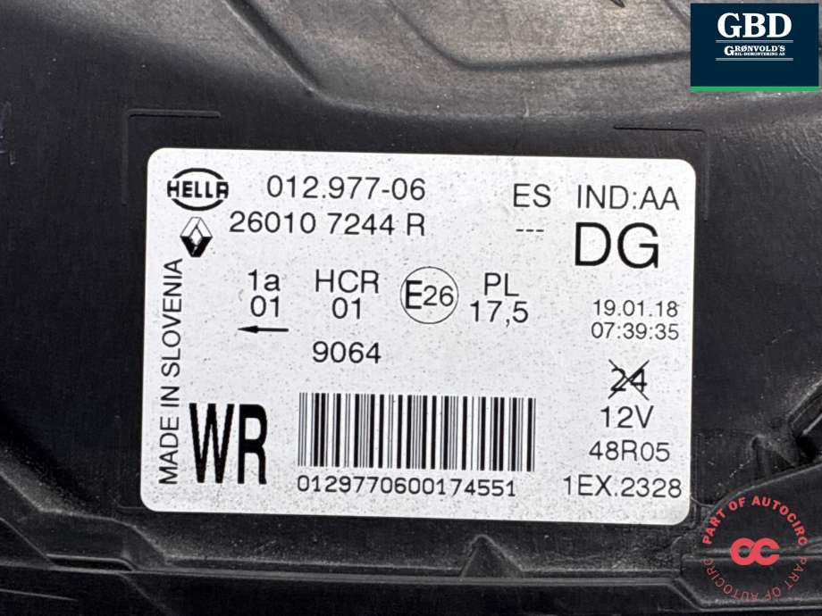 Frontlykt høyre full-LED til Renault Captur 2013-2020 (Type I)  (260100400R|2601 07244R|)