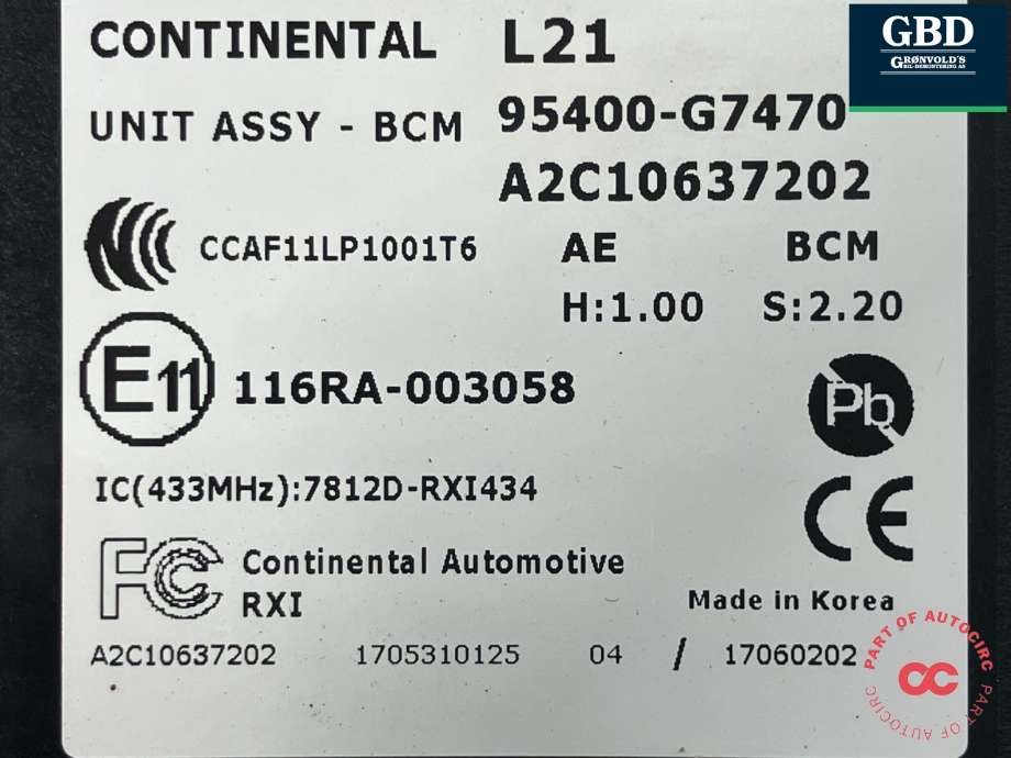 Styreenhet comfort (BCM) til Hyundai Ioniq Electric 2016-2019 (Fase 1)  (CONTINENTAL|95400G 7470|95400-G7470|A2C10637202)