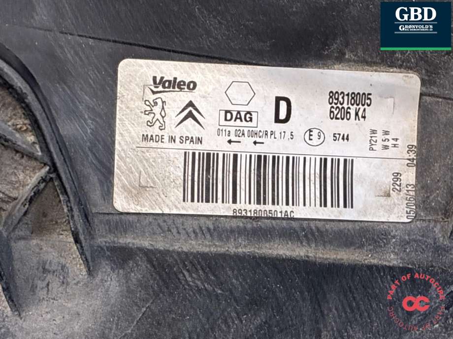 Frontlykt høyre halogen til Peugeot Partner 2008-2015 (Type II, Fase 1)  (6206 K4|)