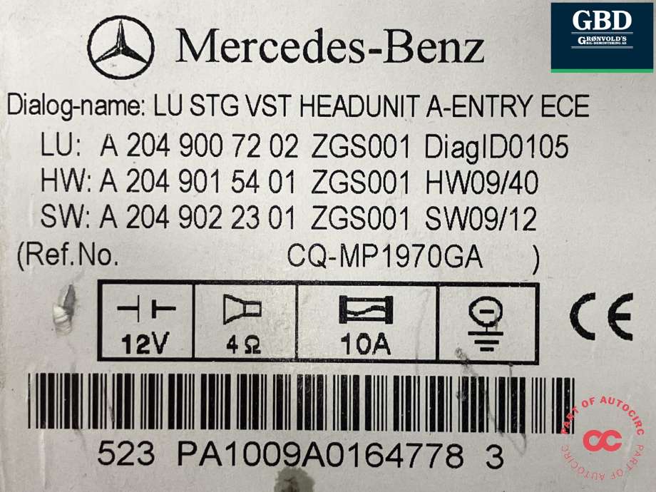 Bilstereo til Mercedes C-Klasse 2007-2011 (Fase 1) (W204) (W204) (A 204 900 82 05|A 204 900 72 02|CQ-MP1970GA)