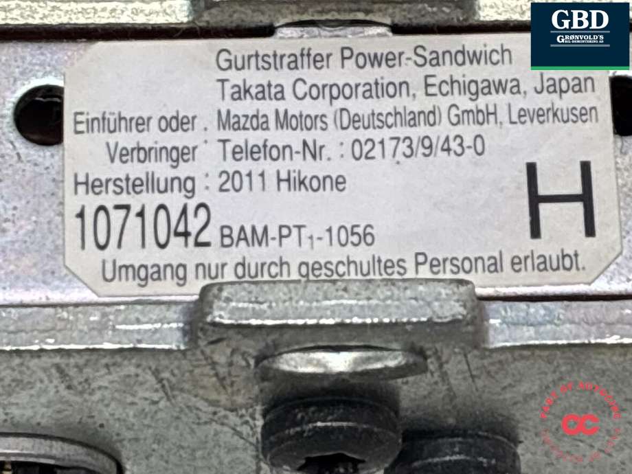 Sikkerhetsbelte foran venstre til Mazda 6 2010-2013 (Type II, Fase 2) (G39A57L90A02|)
