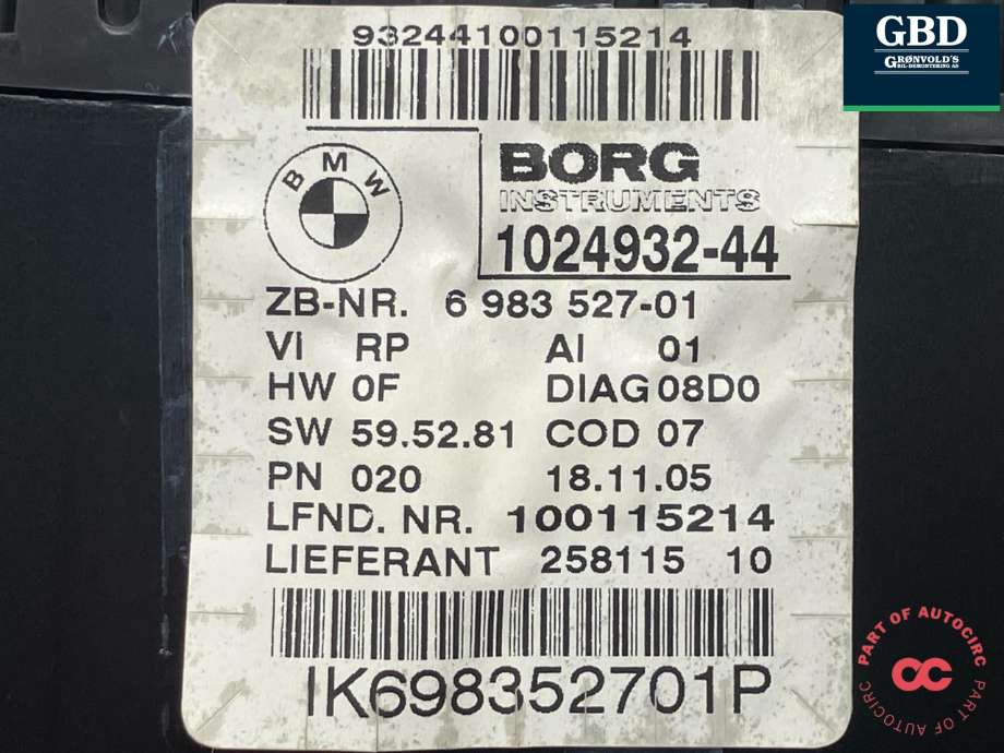 Instrumentpanel til BMW 1-Serie 2004-2011 (E81/E82/E87/E88) (E81/E82/E87/E88) (BORG INSTRUMENTS|62 10 9 283 793|6 983 527|100115214)