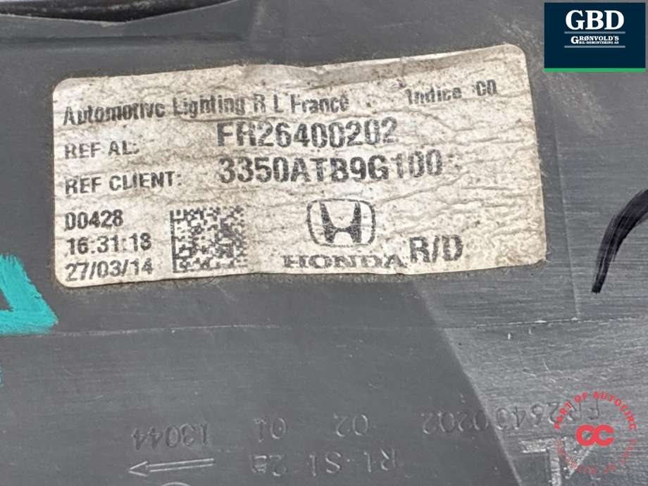 Baklykt høyre ytre til Honda Civic 2012-2015 (Type IX, Fase 1)  (33510-TB9-G01|)