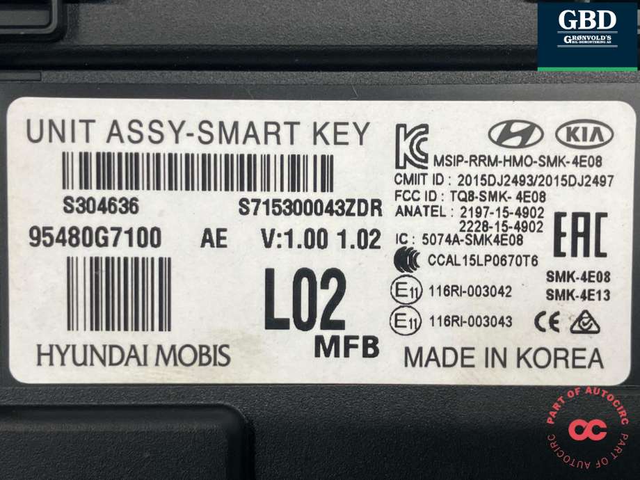 Styreenhet nøkkelfri/keyless til Hyundai Ioniq Electric 2016-2019 (Fase 1)  (MOBIS|95480G 7100|95480G7100|S304636)