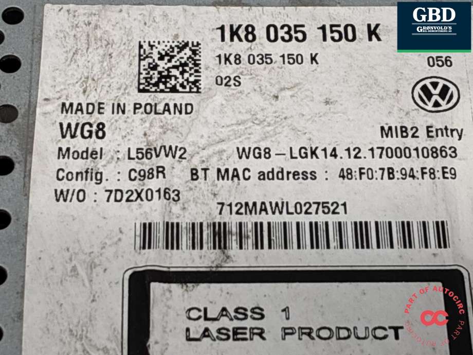 Bilstereo til VW Caddy 2015-2020 (Type III, Fase 3) (1K8 035 150 K|1K8035150K|)