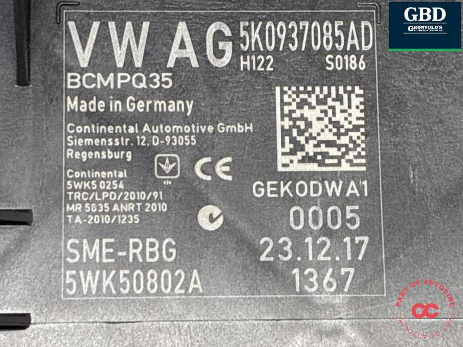 Styreenhet comfort (BCM) til VW Caddy 2015-2020 (Type III, Fase 3)  (5K0 937 087 AK|5K0 937 087 AK ZLP|5K0937085AD)