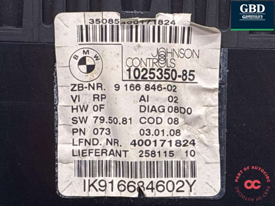 Instrumentpanel til BMW 3-Serie 2005-2011 (E90/E91/E92/E93) (E90/E91/E92/E93) (62 10 9 316 127|9 166 846-02|)