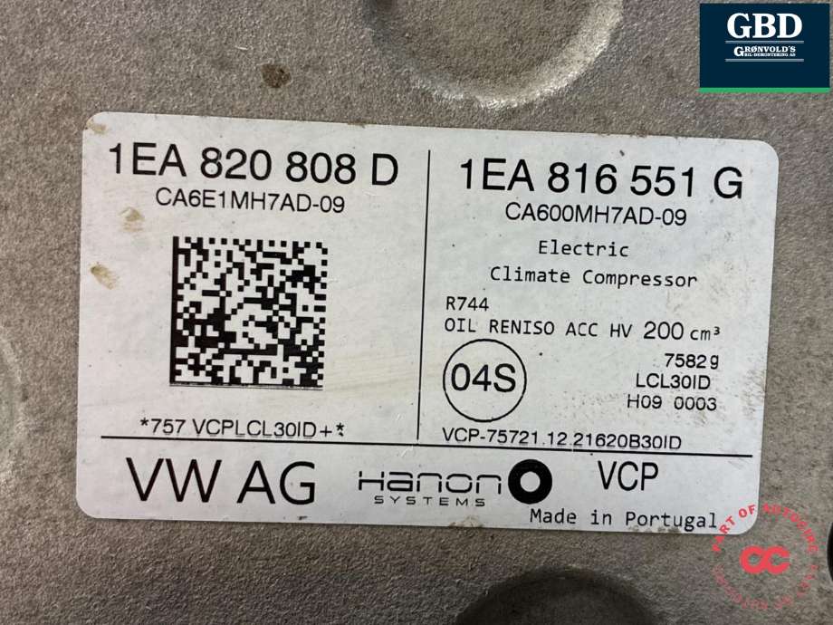 Aircondition kompressor elbil til Škoda Enyaq 2021-->> (1EA 820 808 H|1EA 820 808 C|1EA 820 808 D)